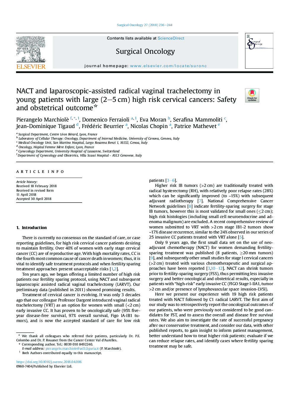 NACT and laparoscopic-assisted radical vaginal trachelectomy in young patients with large (2-5â¯cm) high risk cervical cancers: Safety and obstetrical outcome