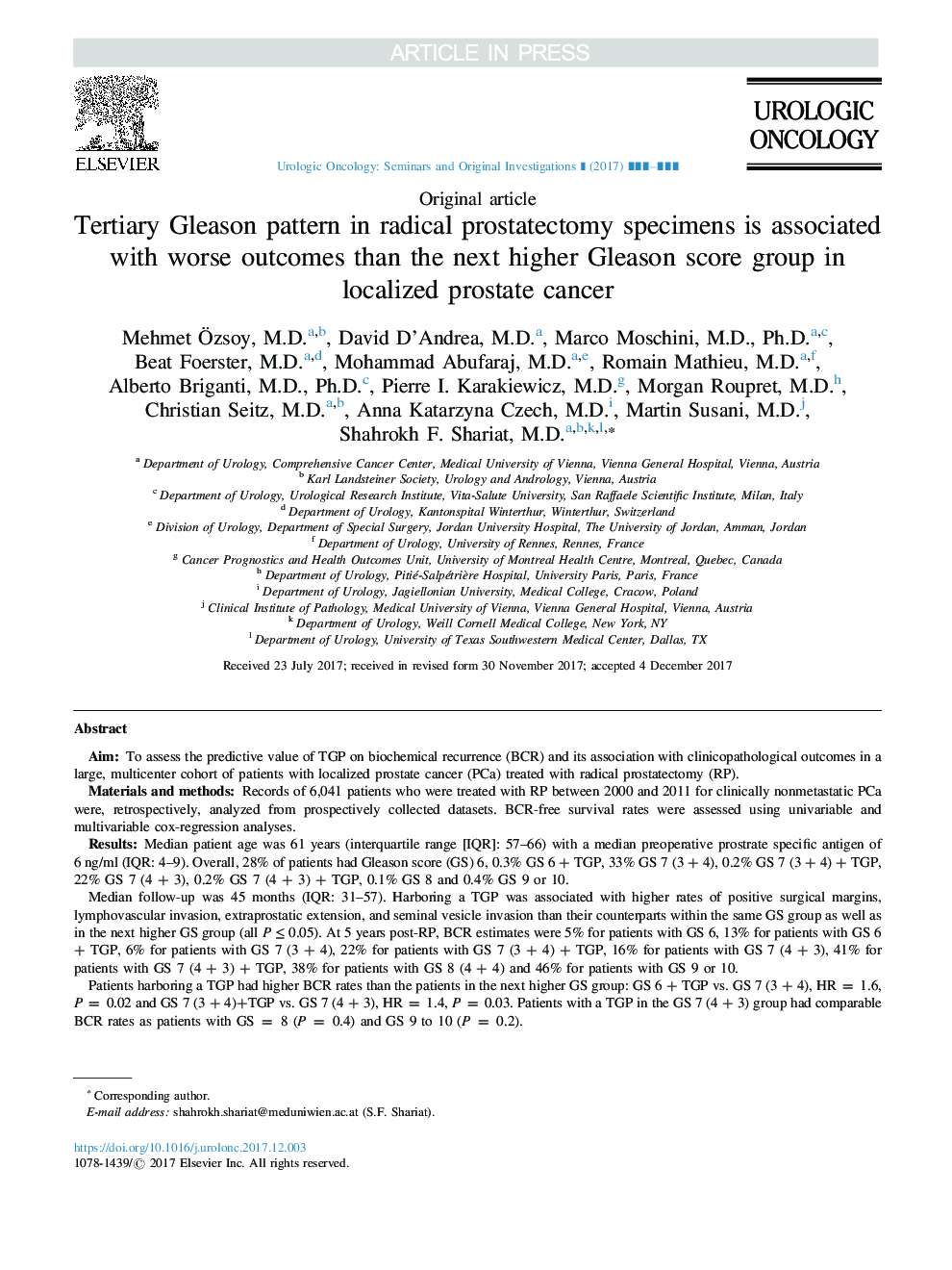 Tertiary Gleason pattern in radical prostatectomy specimens is associated with worse outcomes than the next higher Gleason score group in localized prostate cancer