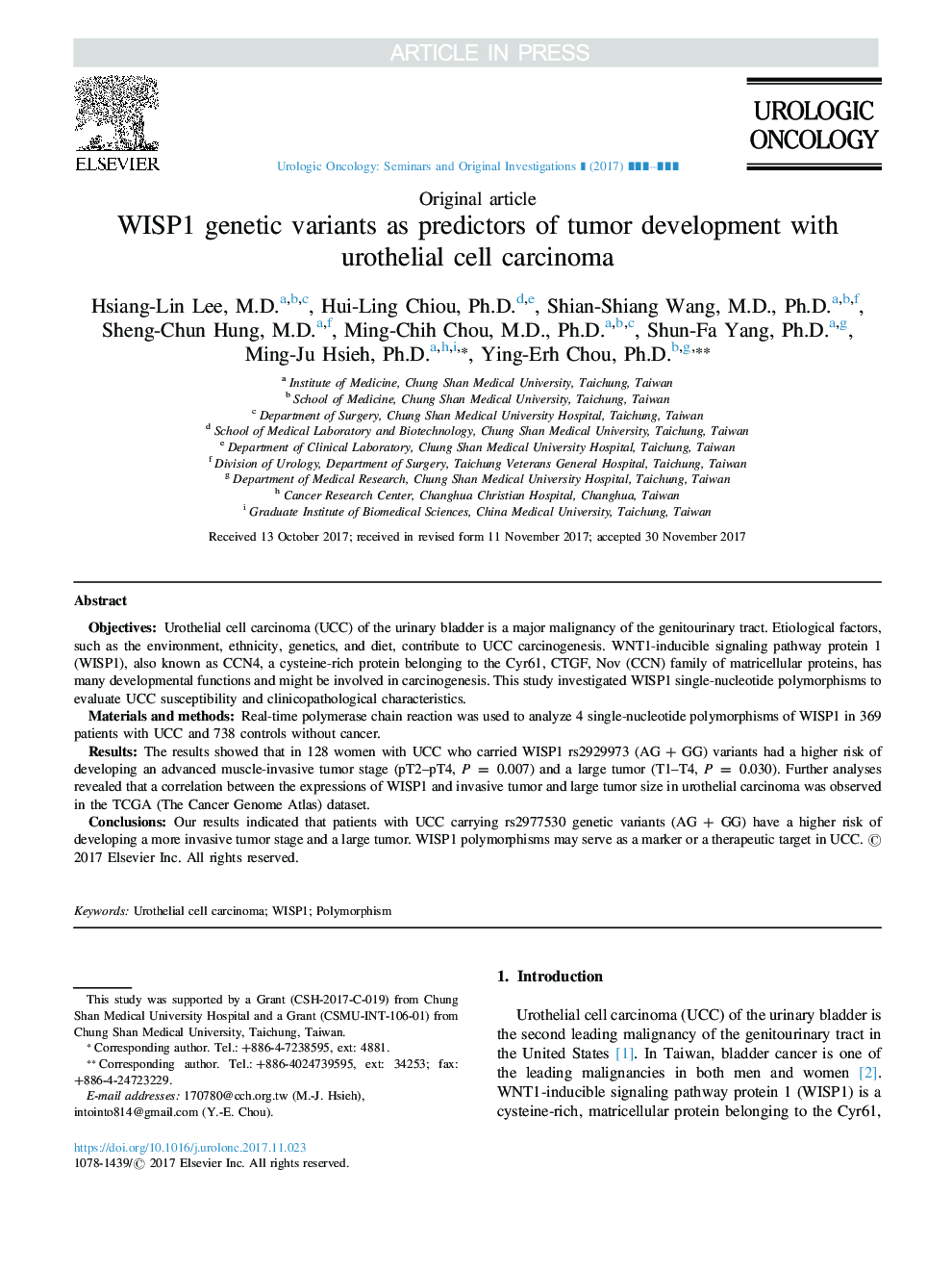 WISP1 genetic variants as predictors of tumor development with urothelial cell carcinoma