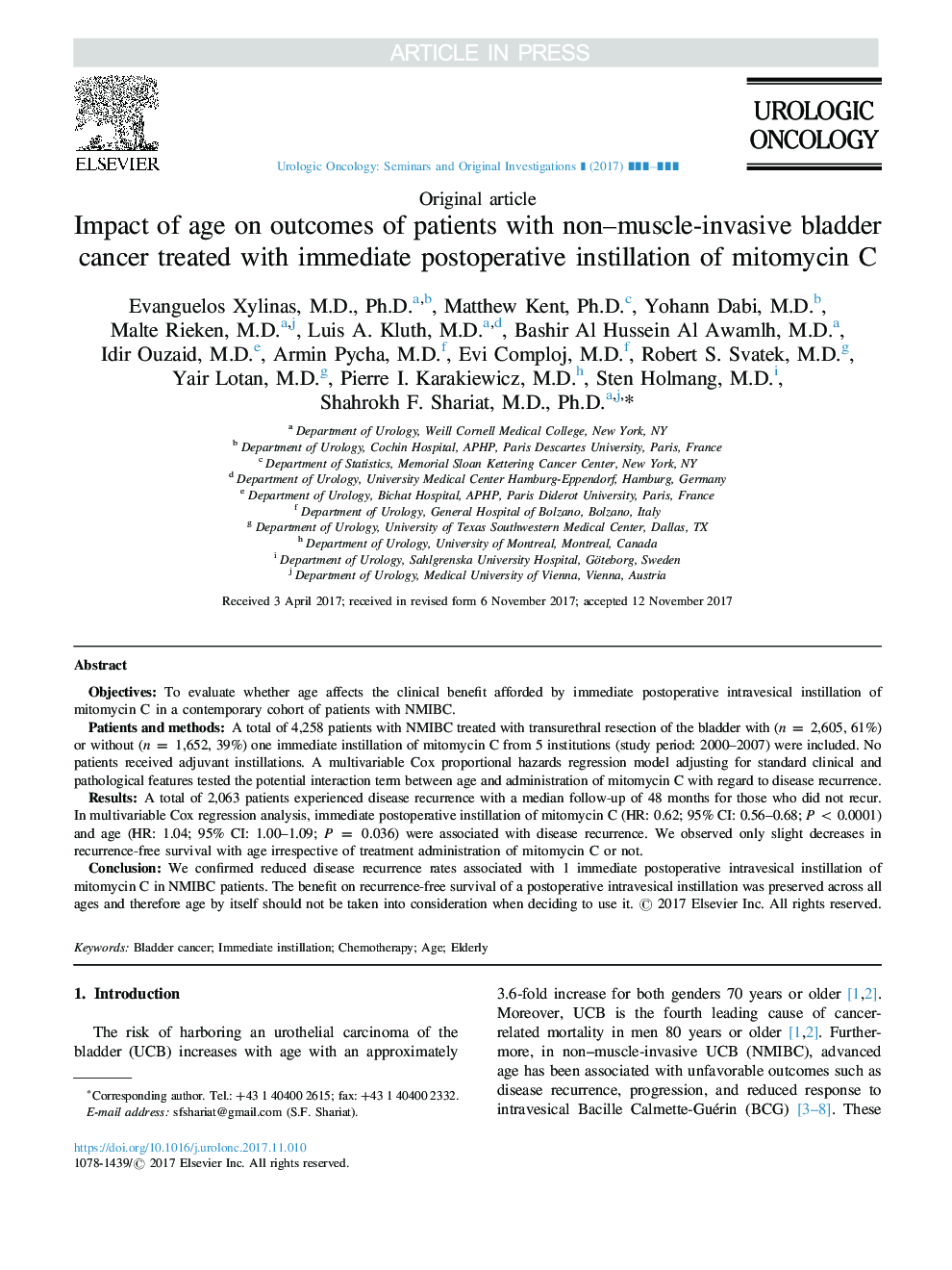 Impact of age on outcomes of patients with non-muscle-invasive bladder cancer treated with immediate postoperative instillation of mitomycin C