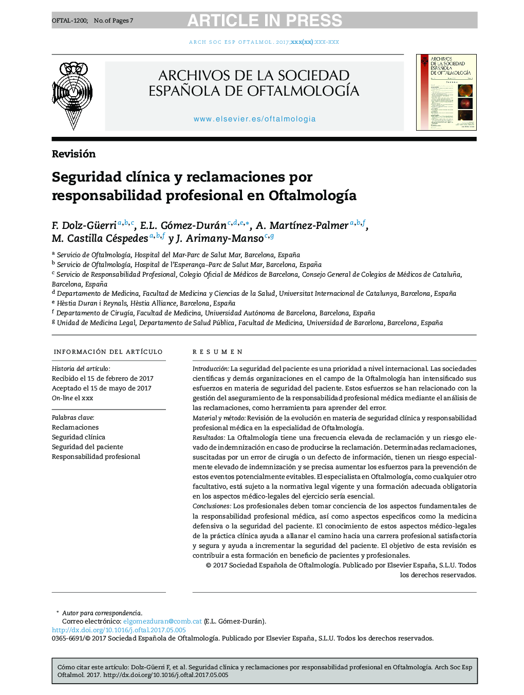 Seguridad clÃ­nica y reclamaciones por responsabilidad profesional en OftalmologÃ­a