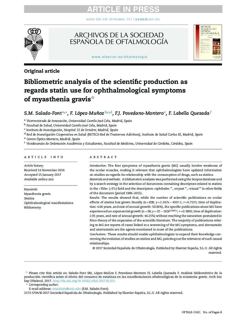Bibliometric analysis of the scientific production as regards statin use for ophthalmological symptoms of myasthenia gravis