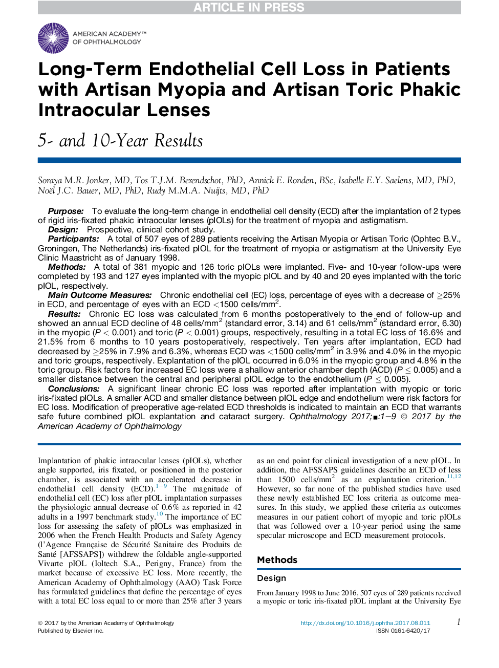 از دست دادن سلولهای اندوتلیال درازمدت در بیماران مبتلا به لیزر آستانه و آرتین توریک فاکیک لنز داخل چشم 