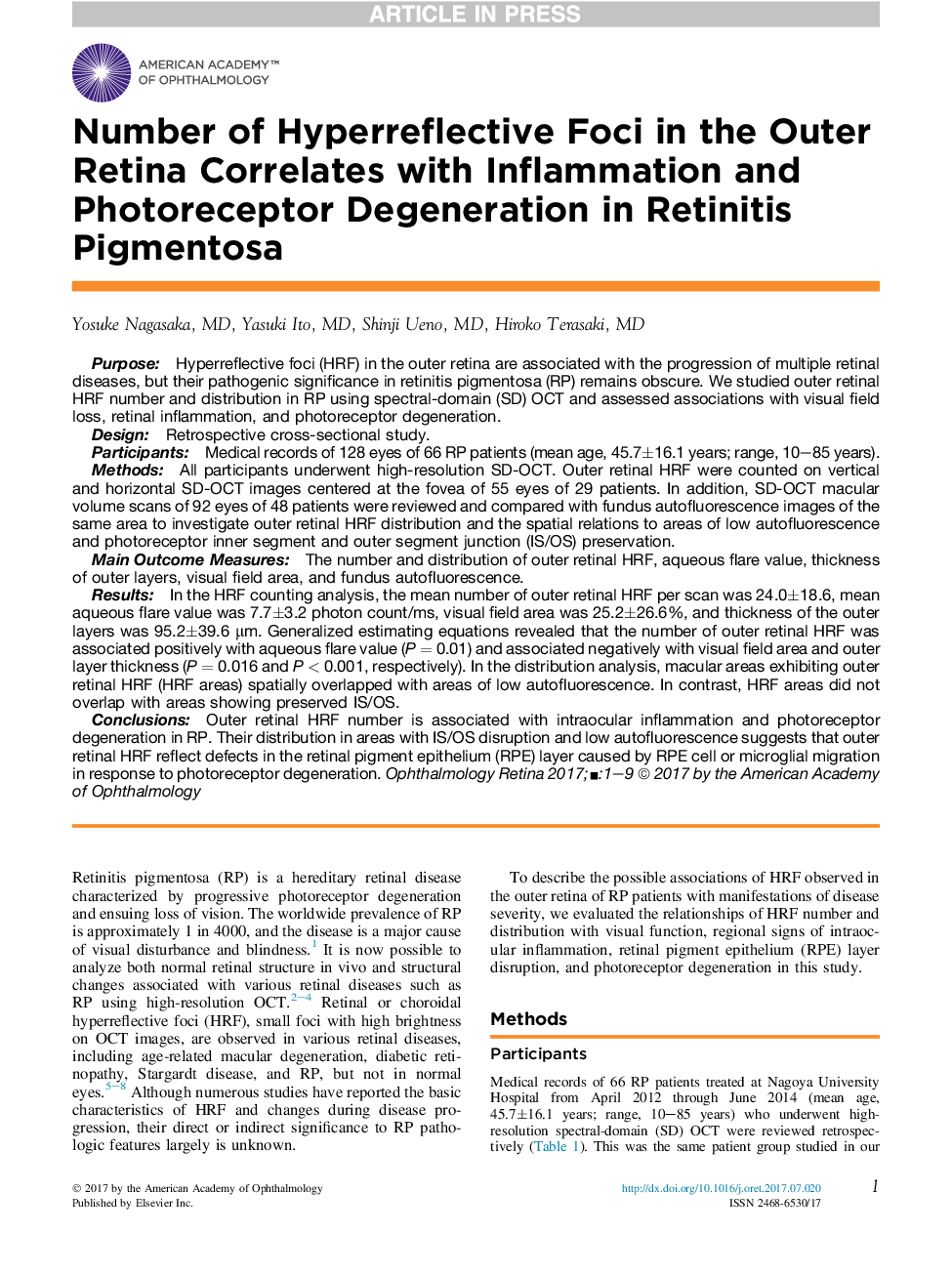 Number of Hyperreflective Foci in the Outer Retina Correlates with Inflammation and Photoreceptor Degeneration in Retinitis Pigmentosa