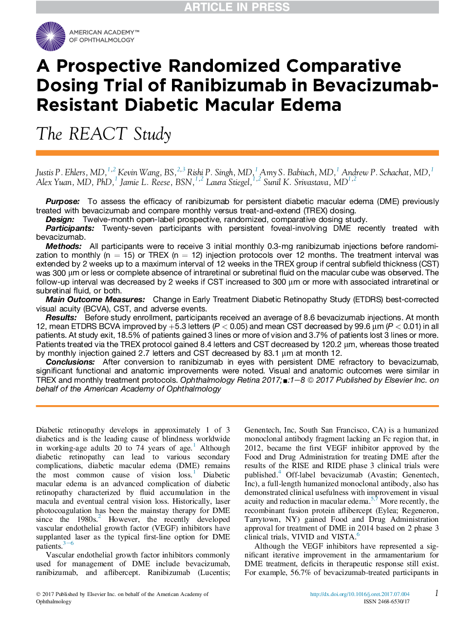 A Prospective Randomized Comparative Dosing Trial of Ranibizumab in Bevacizumab-Resistant Diabetic Macular Edema