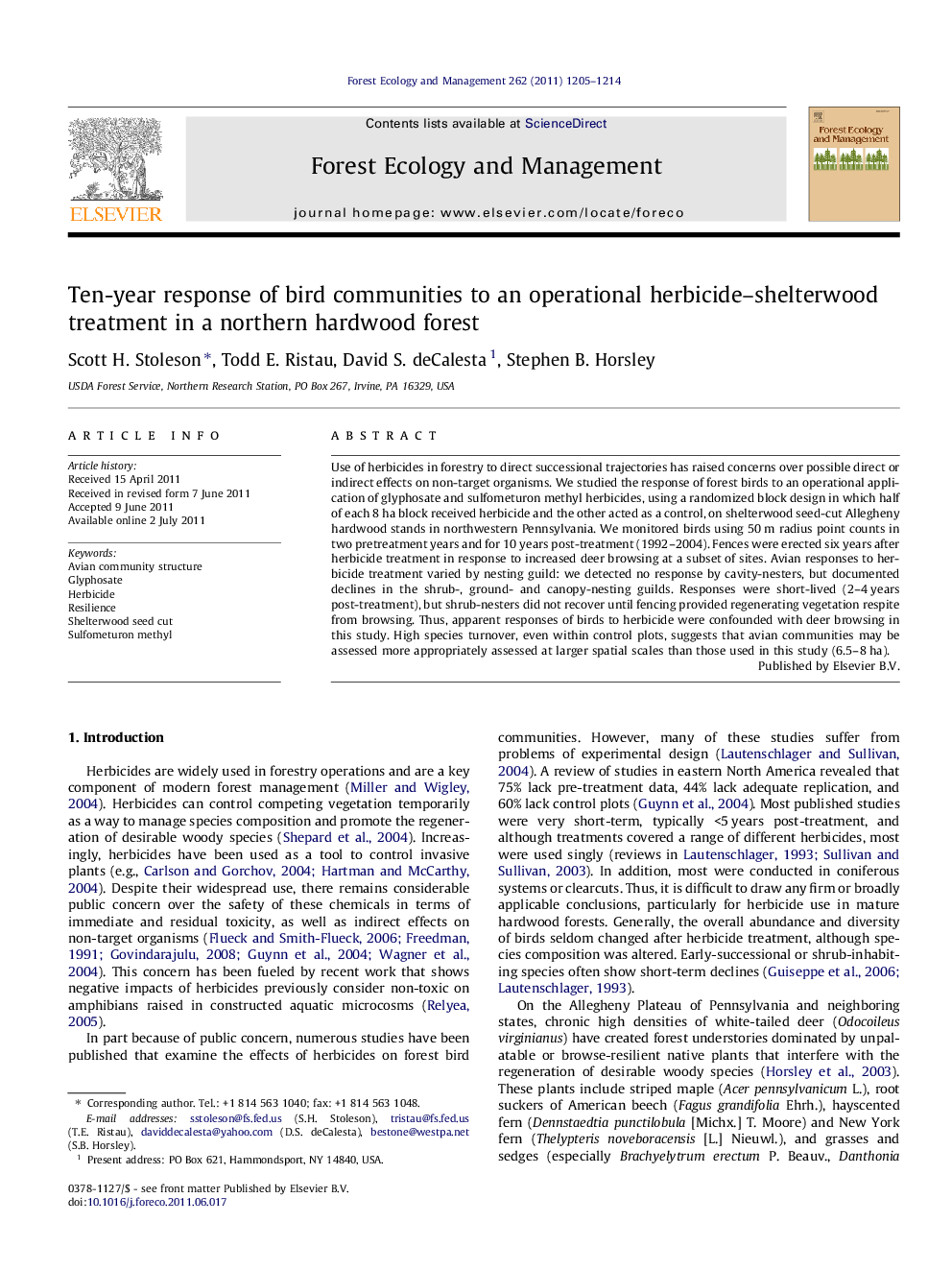 Ten-year response of bird communities to an operational herbicide–shelterwood treatment in a northern hardwood forest