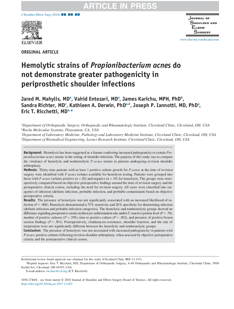 Hemolytic strains of Propionibacterium acnes do not demonstrate greater pathogenicity in periprosthetic shoulder infections