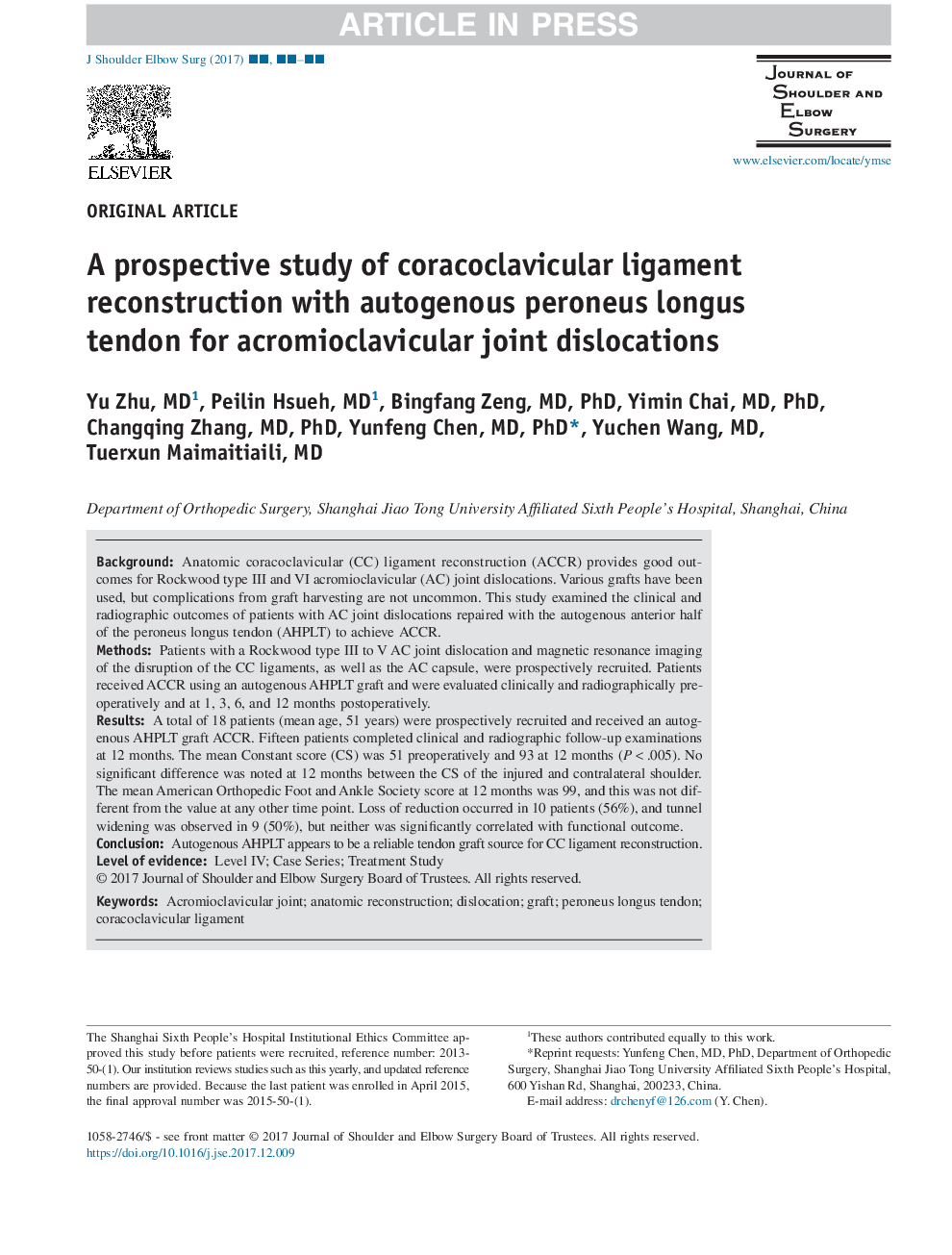 یک مطالعه آینده نگر از بازسازی لثه کوراکوکلایکولر با تاندون لگن پرونئوس اتوژن برای جوش خوردگی مفصلی آکرومیوکلوویکولار 
