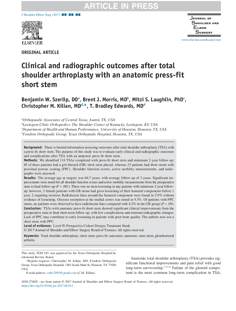 نتایج بالینی و رادیوگرافی پس از آرتروپلاستی کامل شانه با ساقه کوتاه آناتومی مطبوعات مناسب 