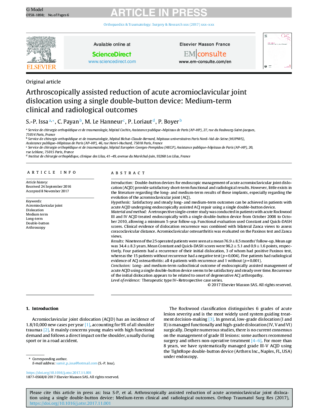 کاهش آرتروسکوپی از جابجایی مفصلی جوش آکرومیوکلوویکور حاد با استفاده از یک دستگاه دو دکمه ای ساده: نتایج کلینیکی و رادیولوژیک متوسط 