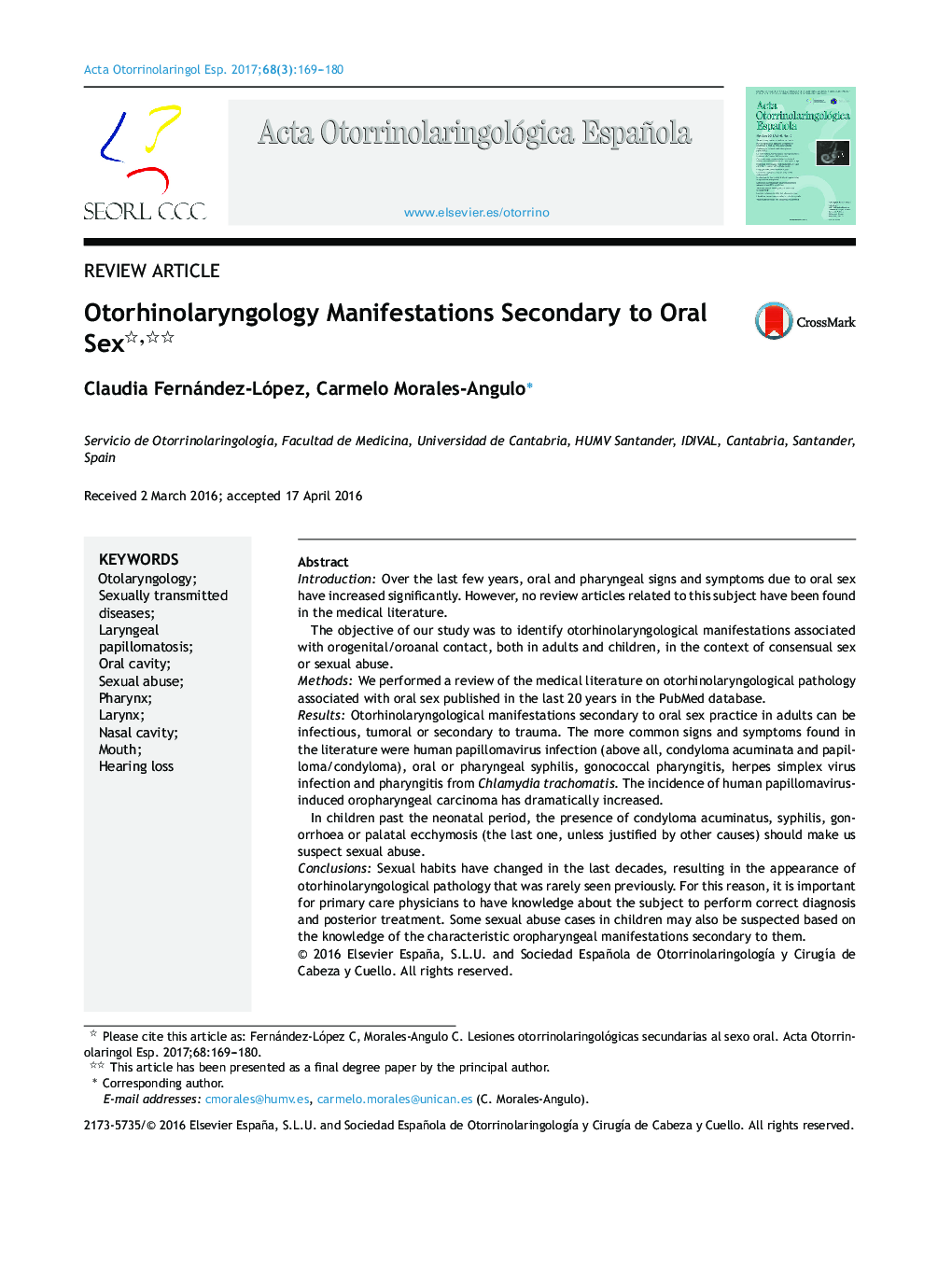 Otorhinolaryngology Manifestations Secondary to Oral Sex