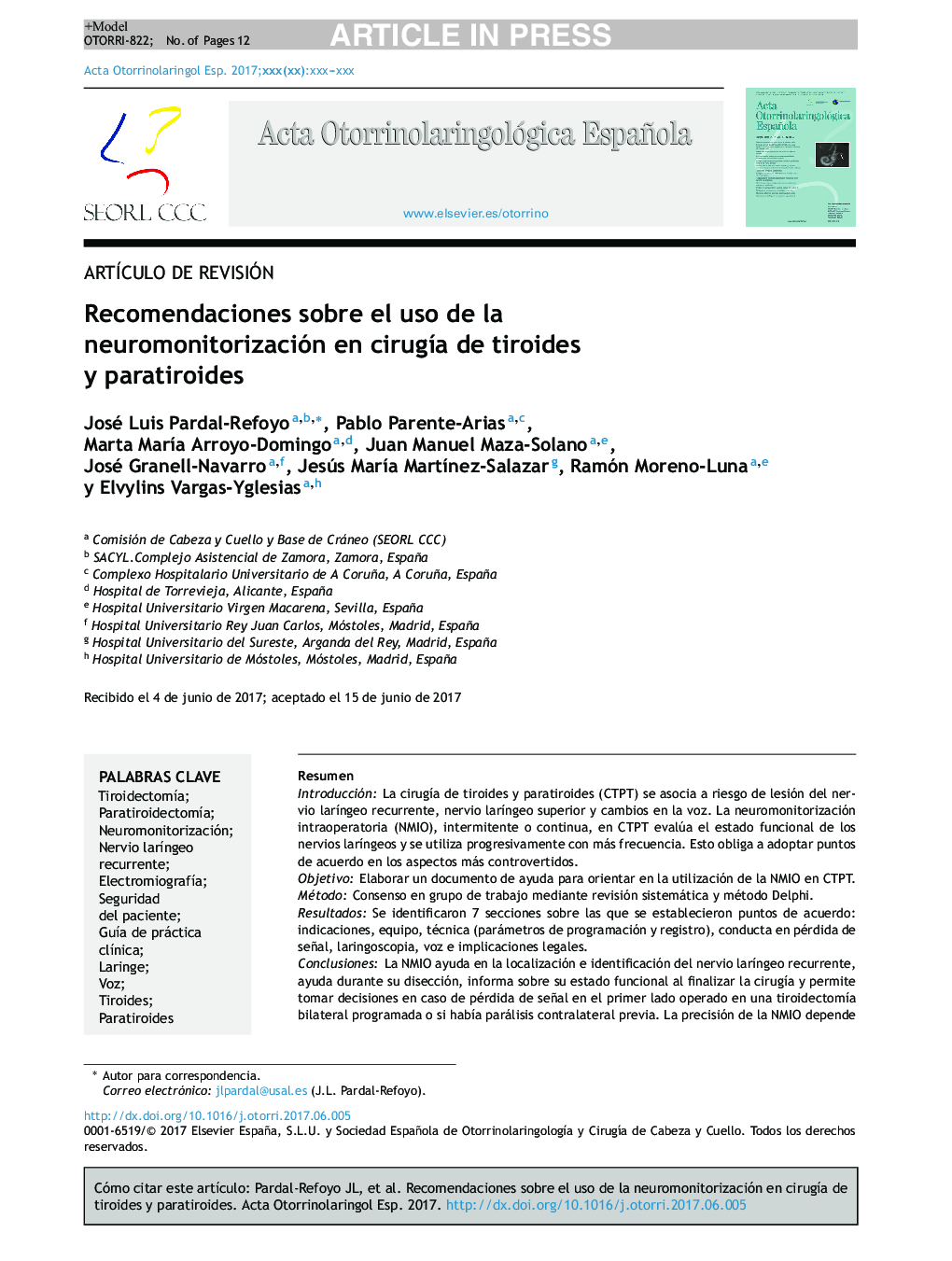 Recomendaciones sobre el uso de la neuromonitorización en cirugÃ­a de tiroides y paratiroides