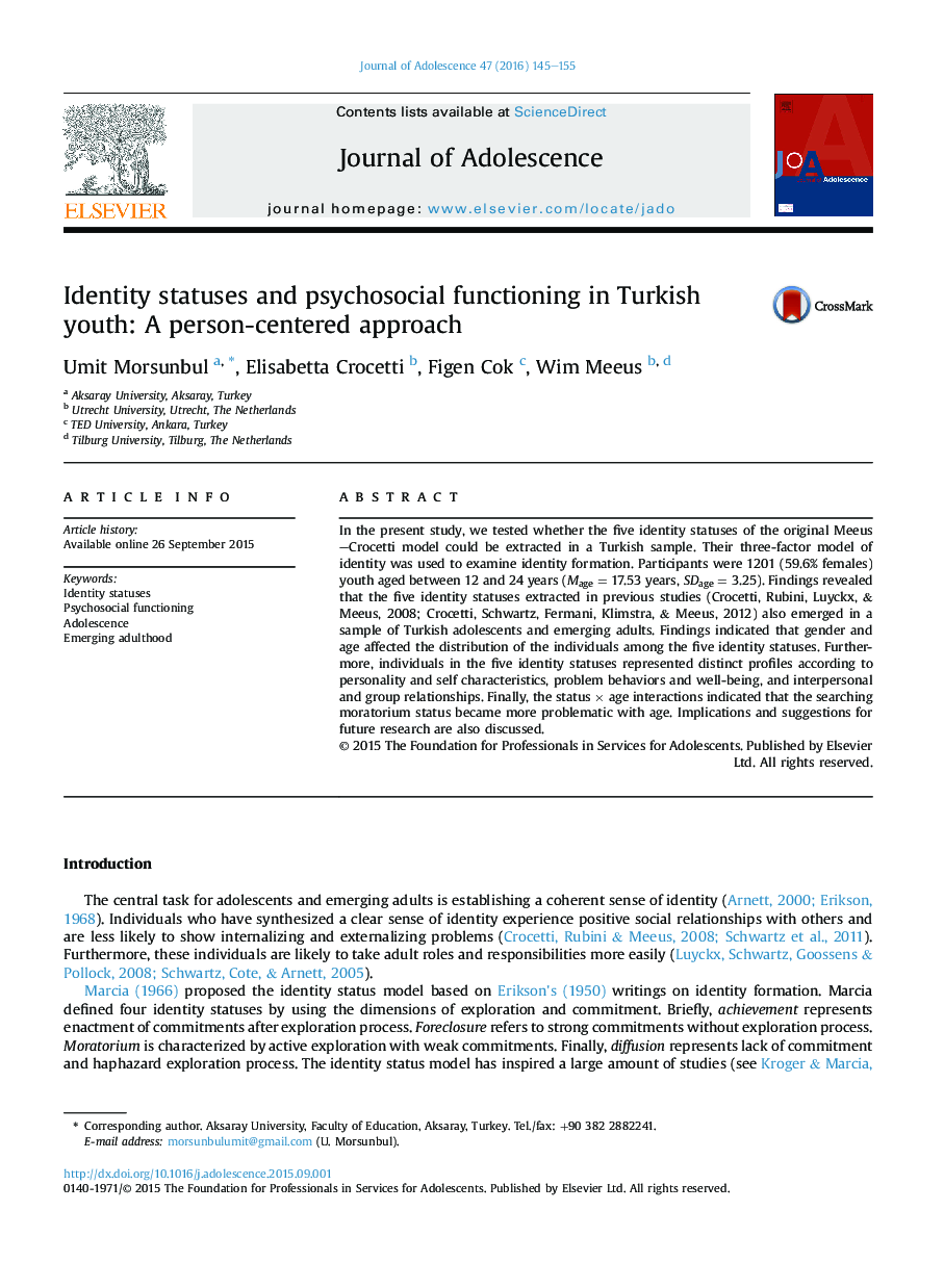 وضعیت هویت و عملکرد روانی در جوانان ترکیه: یک رویکرد فردمحور