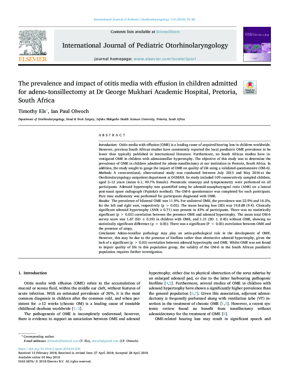 شیوع و تاثیر رسانه عفونت با افیوژن در کودکان مبتلا به آدنوونسیلکتومی در دانشکده پزشکی دکتر جورج موخاری، پرتوریا، جنوب افریقا 