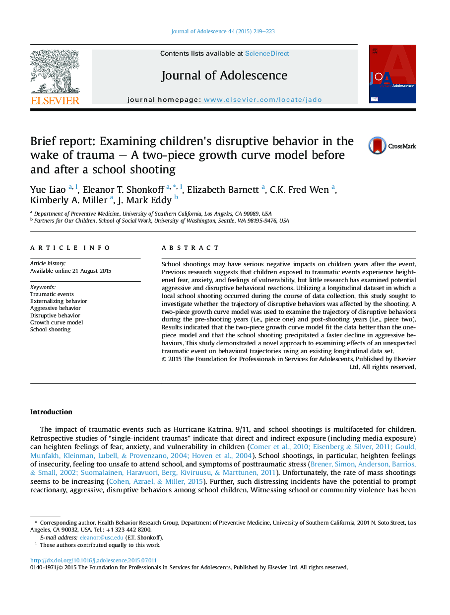 گزارش مختصر: بررسی رفتار ناراحت کننده کودکان در معرض تروما مدل منحنی رشد دو قطعه قبل و بعد از تیراندازی مدرسه 