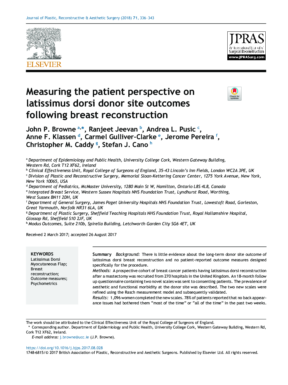 اندازه گیری چشم انداز بیمار در نتایج لکه های خلفی لاتسیسموس دوری پس از بازسازی پستان 