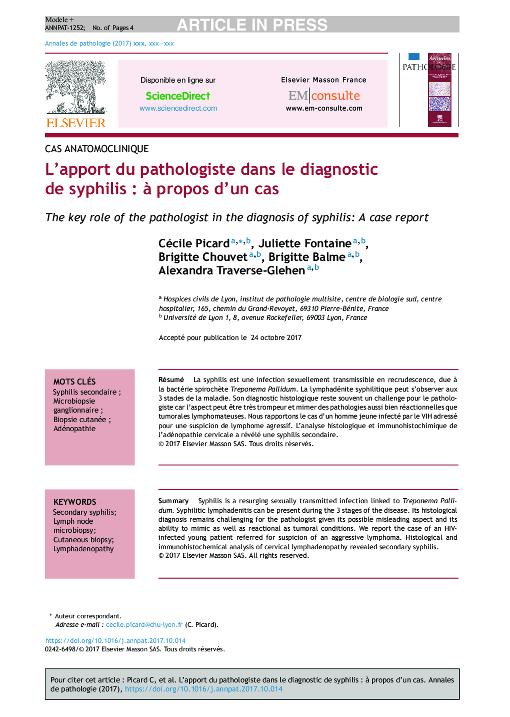 L'apport du pathologiste dans le diagnostic de syphilisÂ : Ã  propos d'un cas