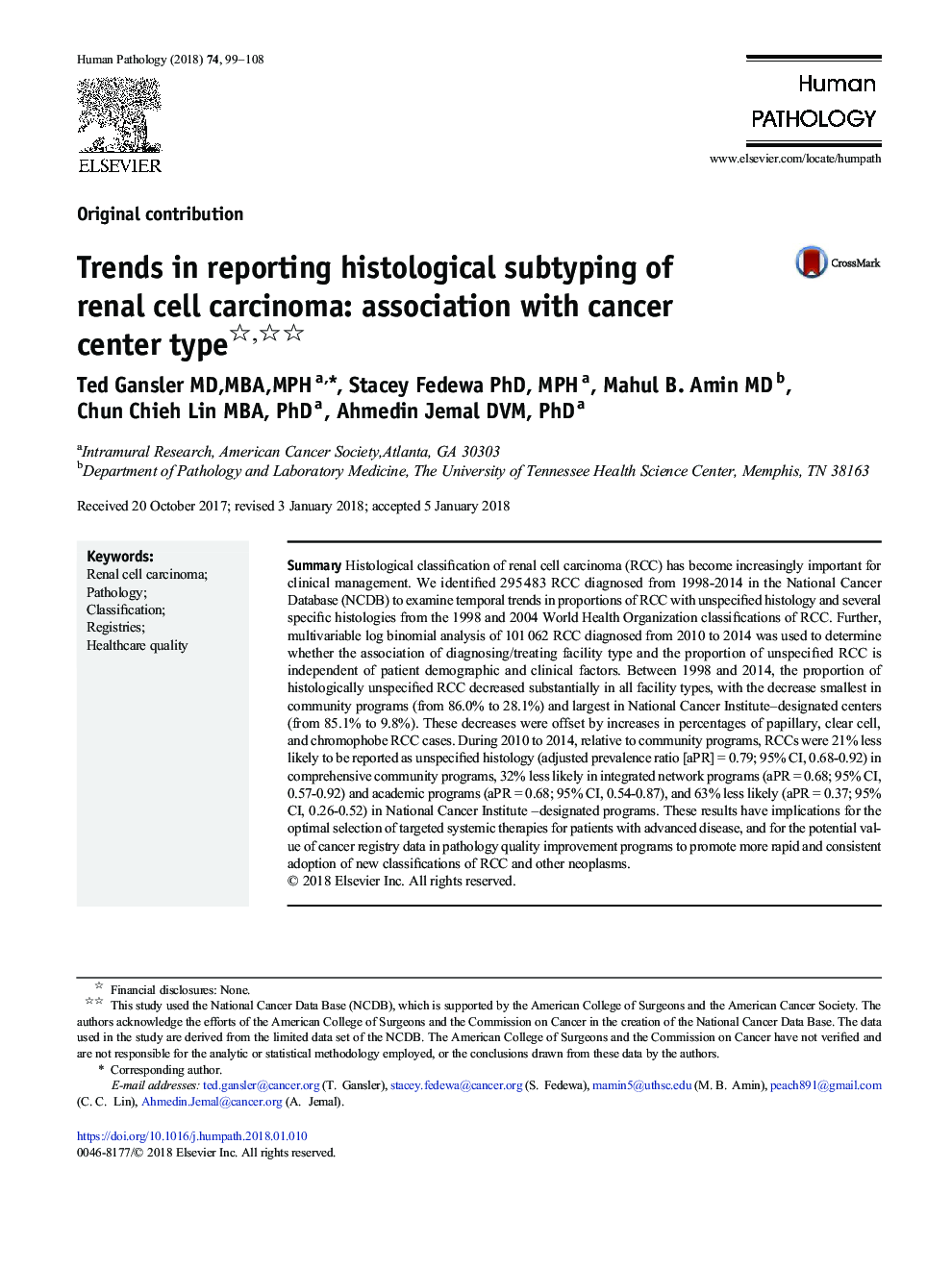 روند گزارش دهی بافت شناسی کارسینوم سلولی کلیه: ارتباط با نوع مرکز سرطان 