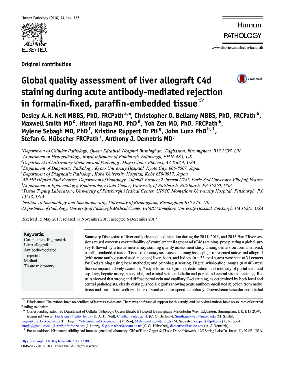 Global quality assessment of liver allograft C4d staining during acute antibody-mediated rejection in formalin-fixed, paraffin-embedded tissue