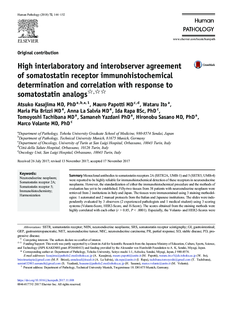 High interlaboratory and interobserver agreement of somatostatin receptor immunohistochemical determination and correlation with response to somatostatin analogs
