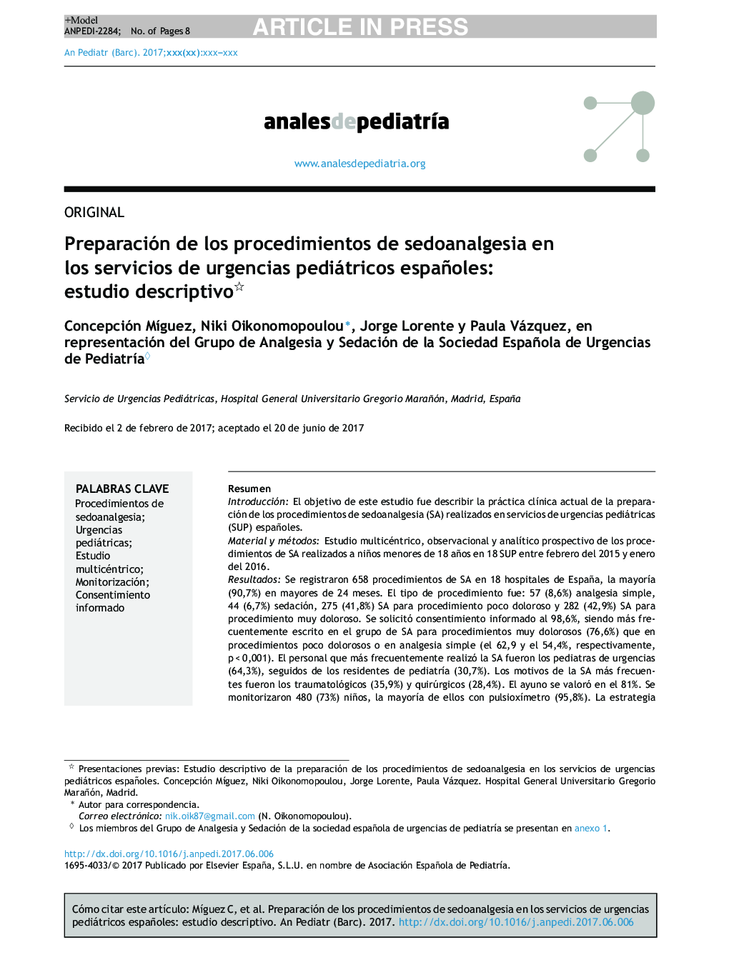 Preparación de los procedimientos de sedoanalgesia en los servicios de urgencias pediátricos españoles: estudio descriptivo