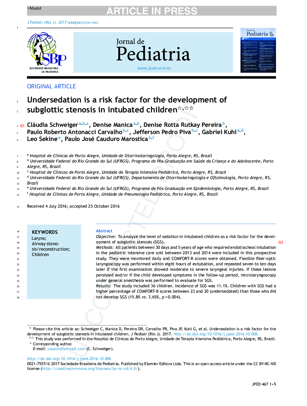 Undersedation is a risk factor for the development of subglottic stenosis in intubated children