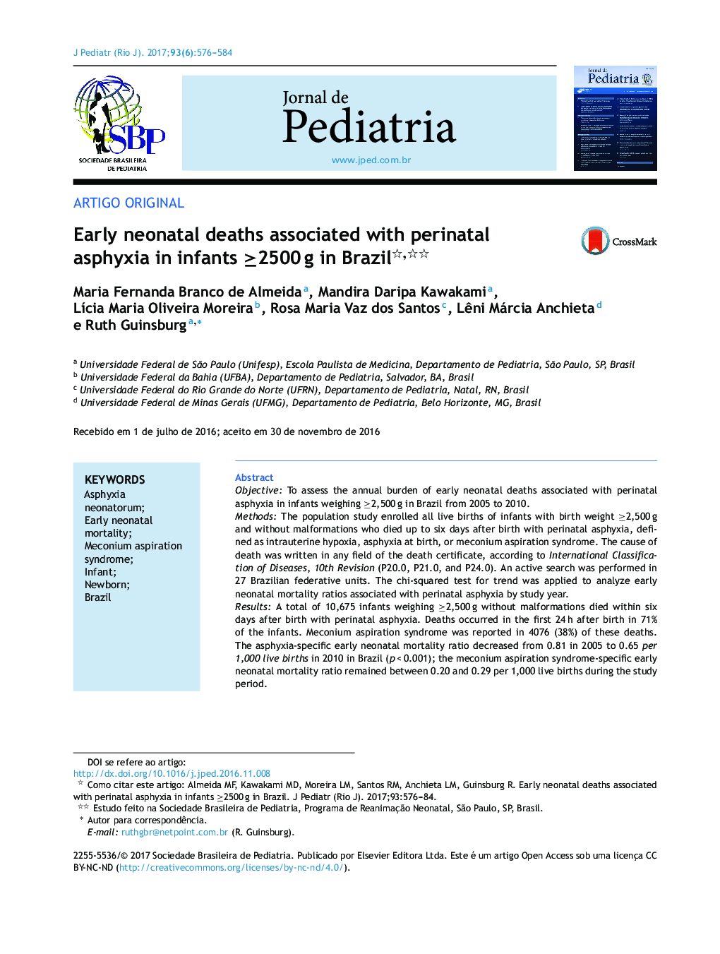 Early neonatal deaths associated with perinatal asphyxia in infants â¥2500Â g in Brazil
