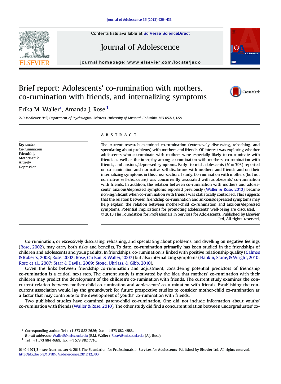 Brief report: Adolescents' co-rumination with mothers, co-rumination with friends, and internalizing symptoms