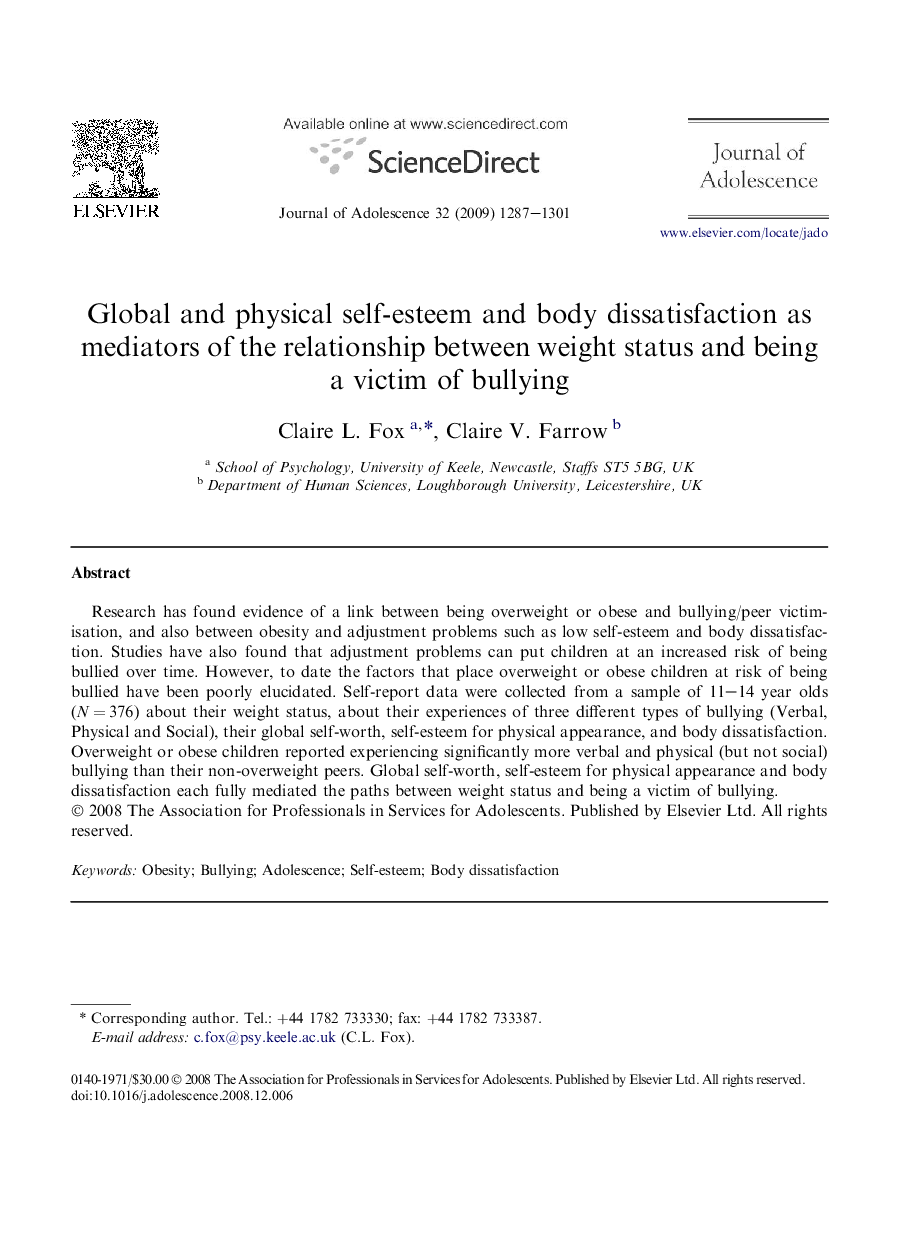 Global and physical self-esteem and body dissatisfaction as mediators of the relationship between weight status and being a victim of bullying