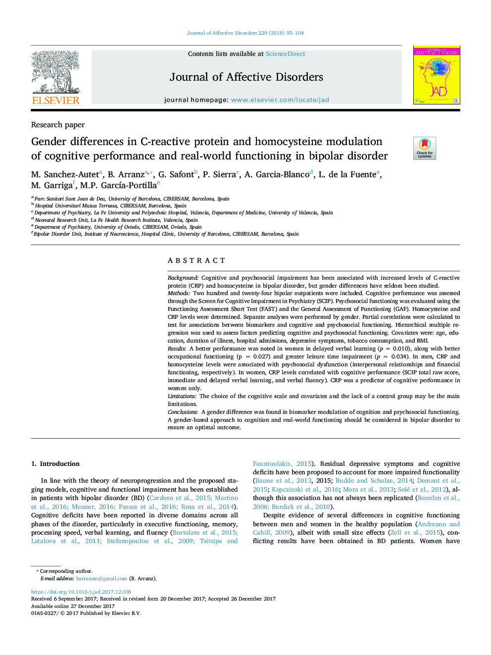 Gender differences in C-reactive protein and homocysteine modulation of cognitive performance and real-world functioning in bipolar disorder