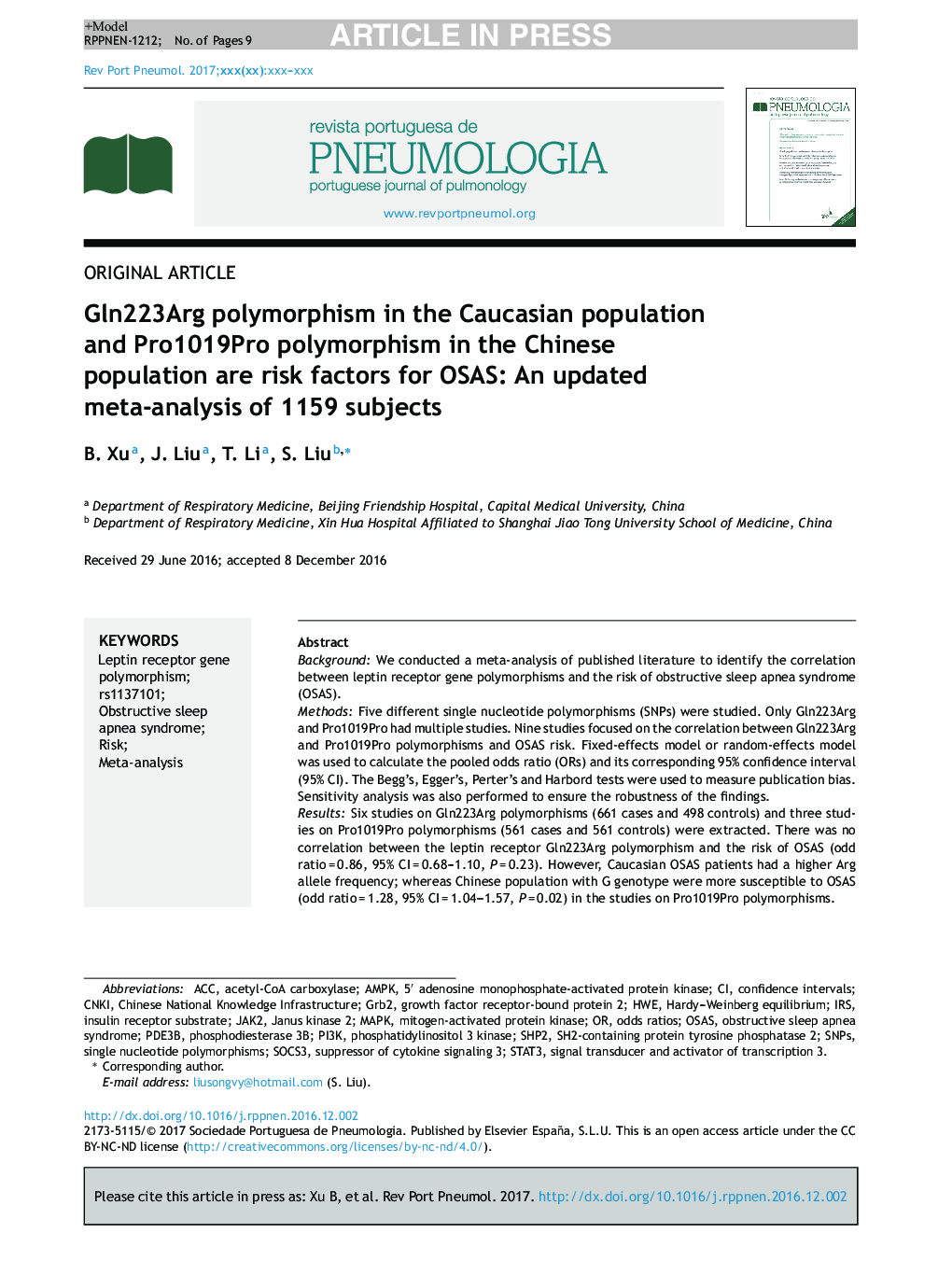 Gln223Arg polymorphism in the Caucasian population and Pro1019Pro polymorphism in the Chinese population are risk factors for OSAS: An updated meta-analysis of 1159 subjects