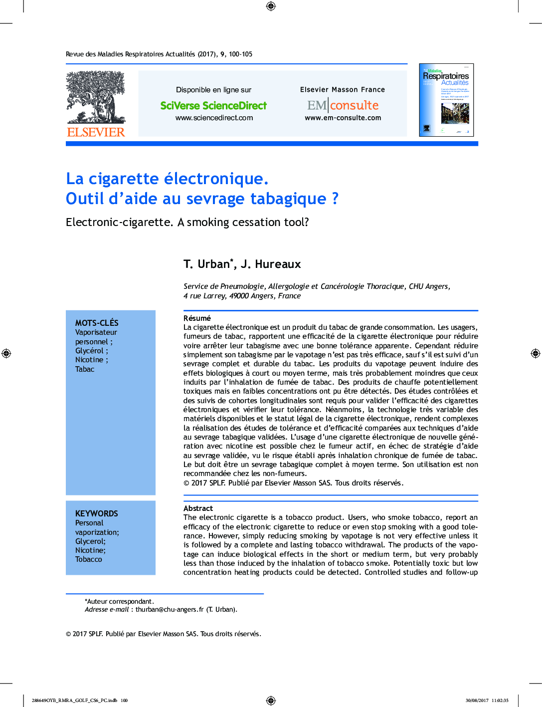 La cigarette électronique. Outil d'aide au sevrage tabagique ?