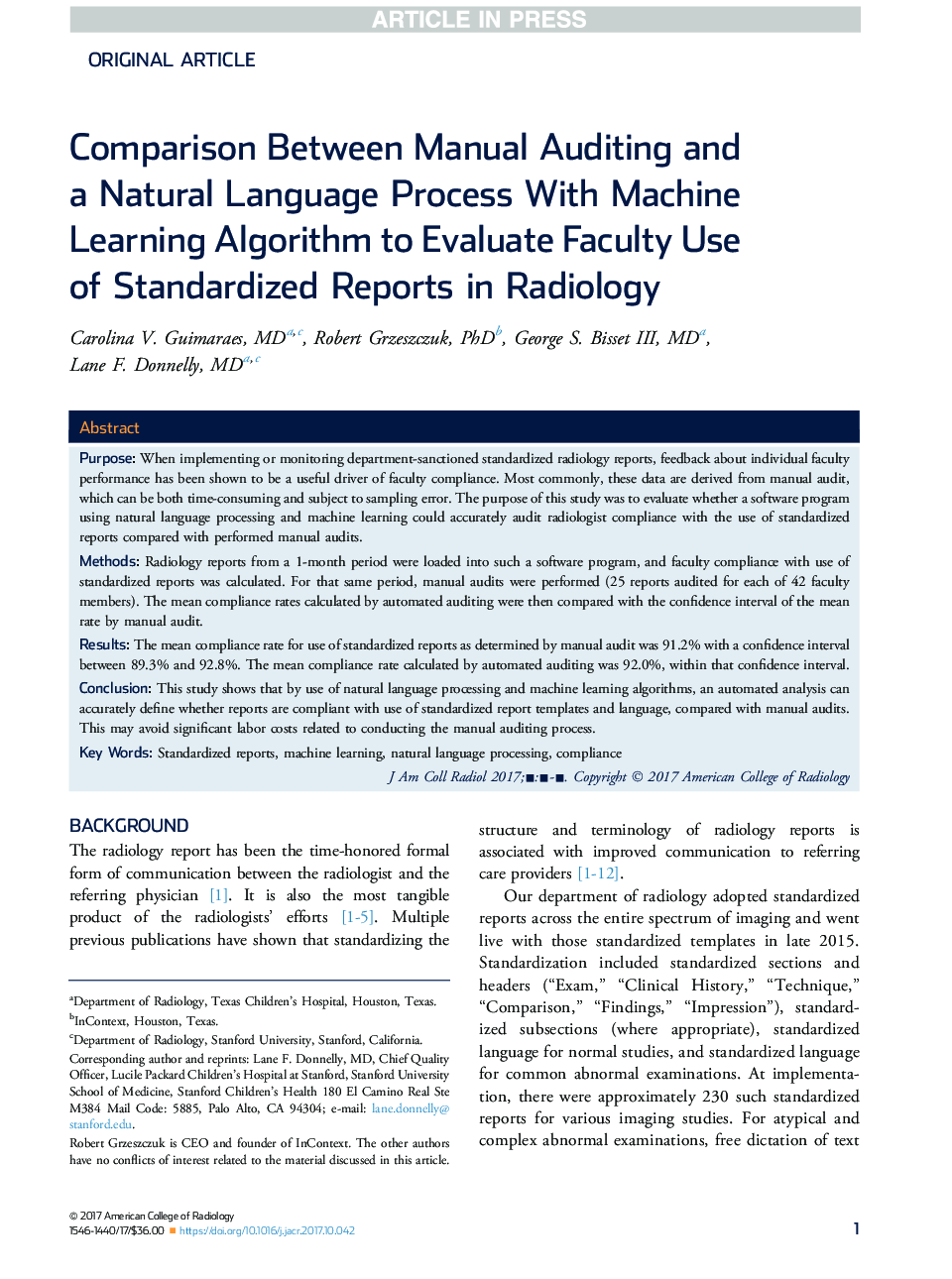 مقایسه بین حسابرسی دستی و فرآیند زبان طبیعی با الگوریتم آموزش ماشین برای ارزیابی استفاده از گزارشات استاندارد شده در رادیولوژی دانشکده 