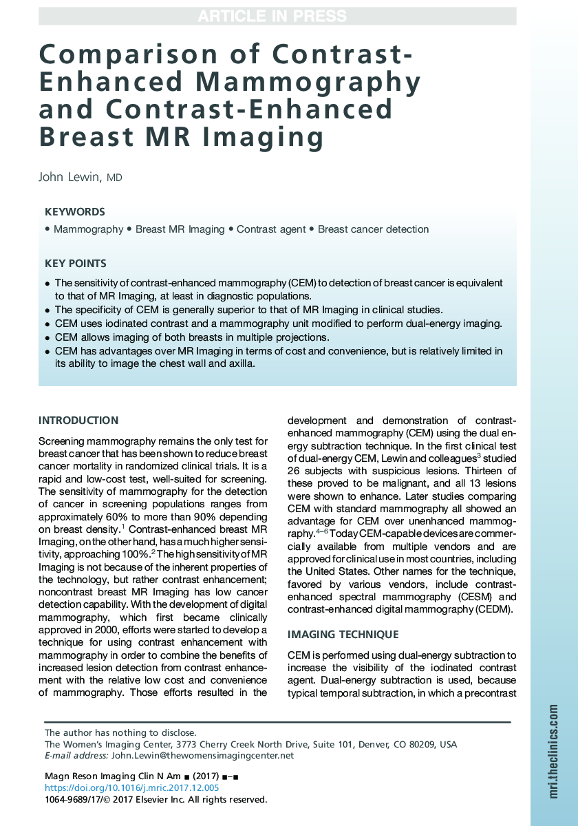 Comparison of Contrast-Enhanced Mammography and Contrast-Enhanced BreastÂ MR Imaging
