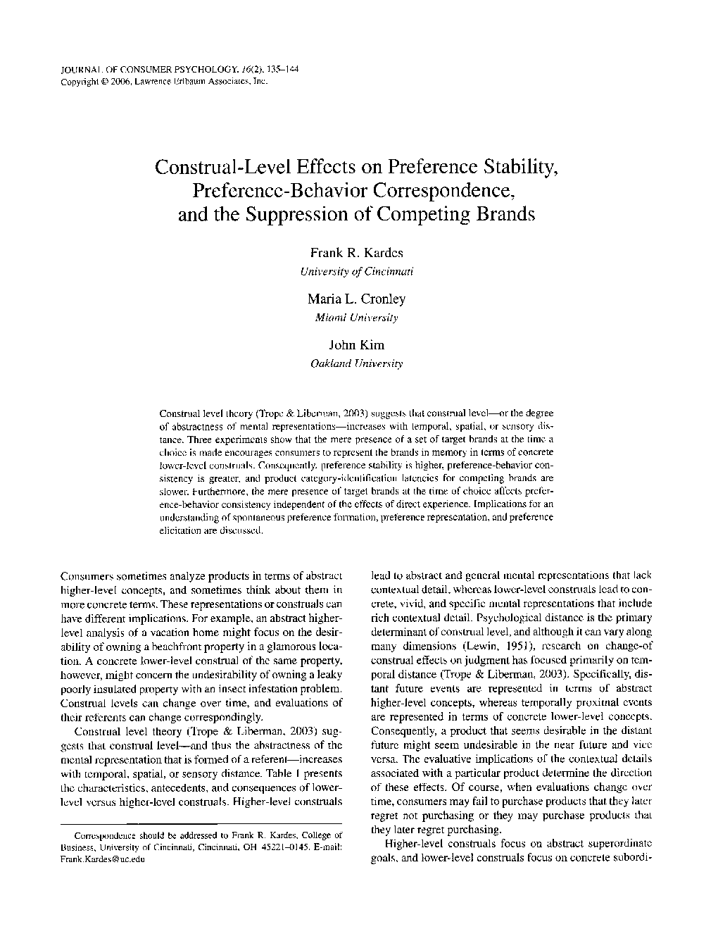 Construal-Level Effects on Preference Stability, Preference-Behavior Correspondence, and the Suppression of Competing Brands