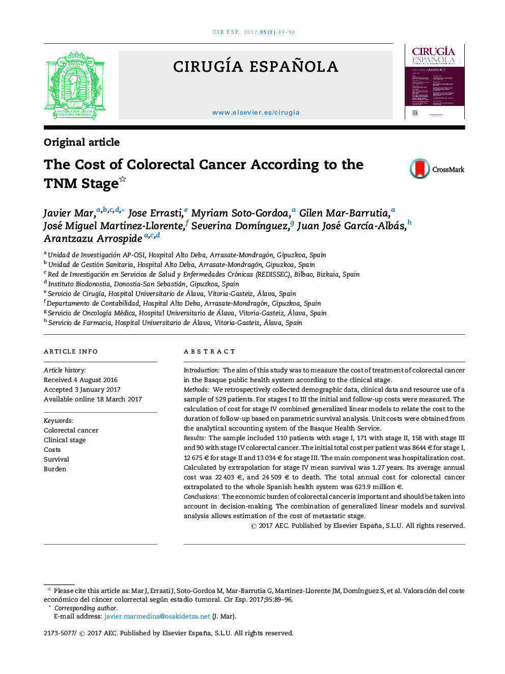 The Cost of Colorectal Cancer According to the TNM Stage