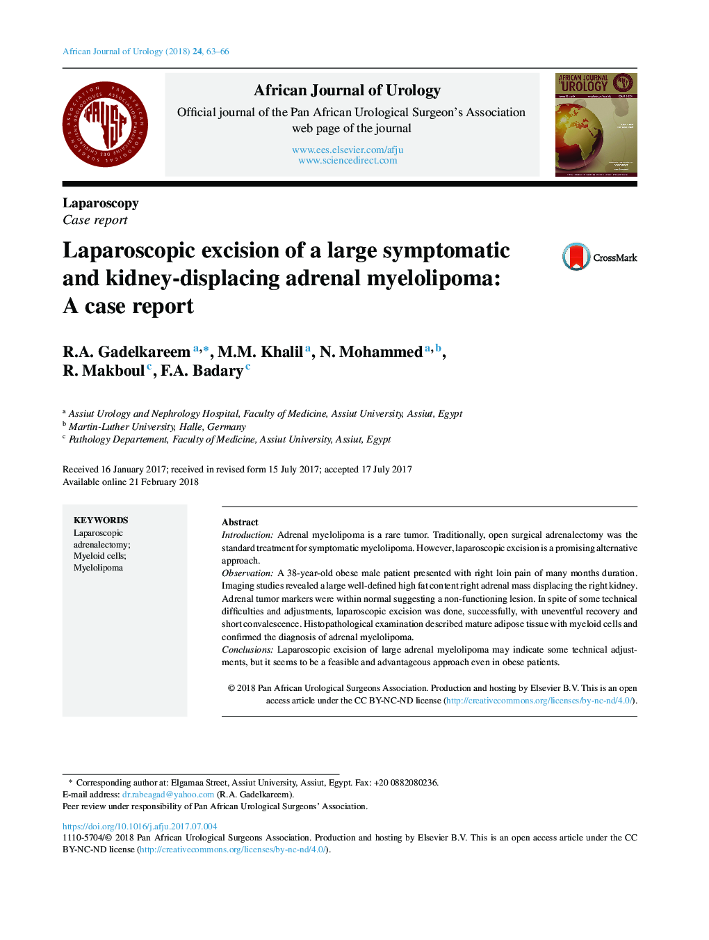 برداشتن لاپاروسکوپی یک میلولپوما آدرنال علامتدار و کلی عوض می شود: یک گزارش مورد 
