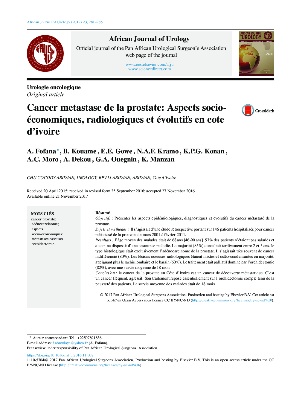 Cancer metastase de la prostate: Aspects socio-économiques, radiologiques et évolutifs en cote d'ivoire
