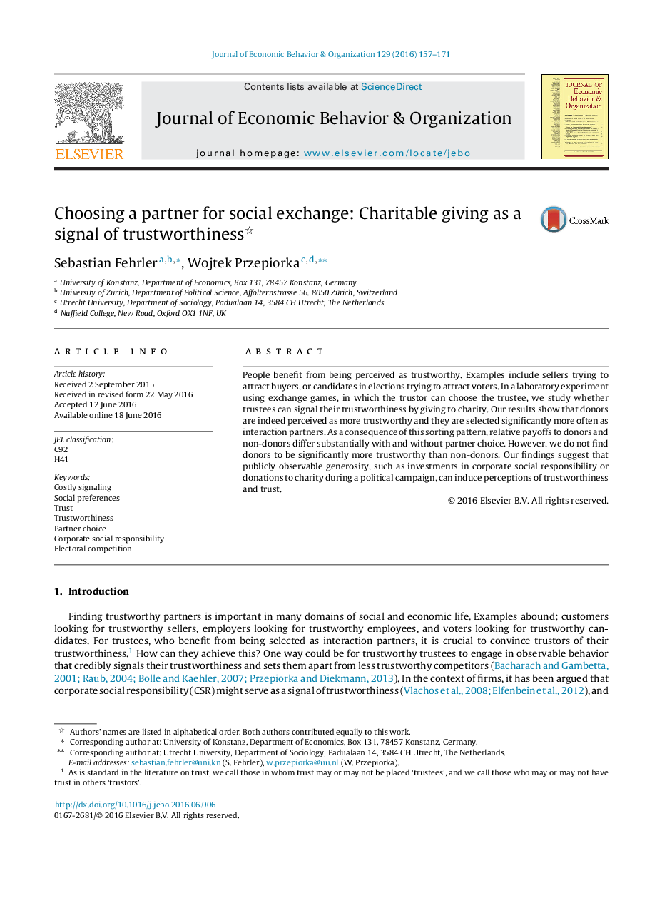 انتخاب یک شریک برای تبادل اجتماعی: کمک های خیریه به عنوان یک علامت قابل اعتماد