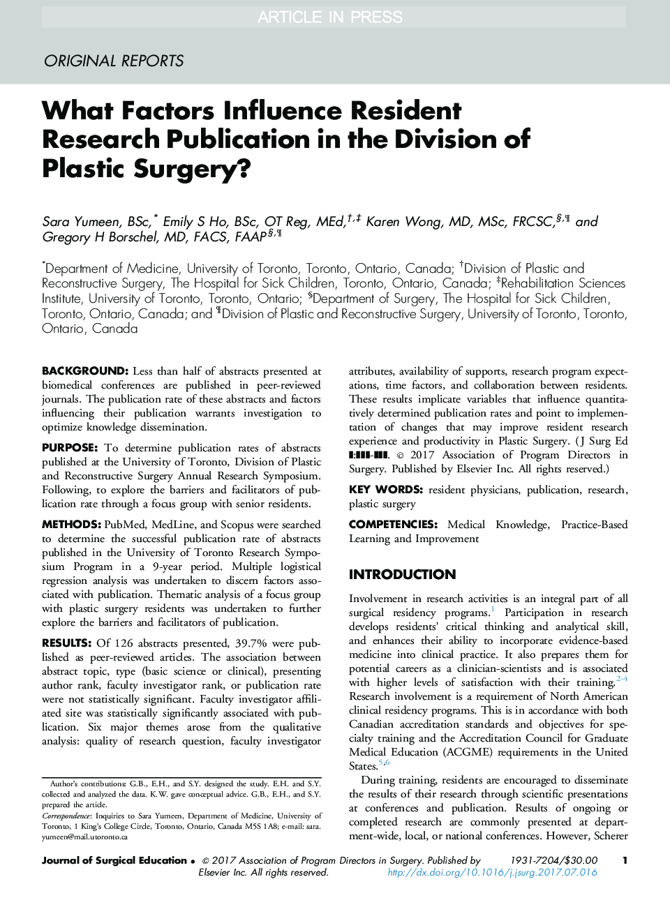 What Factors Influence Resident Research Publication in the Division of Plastic Surgery?
