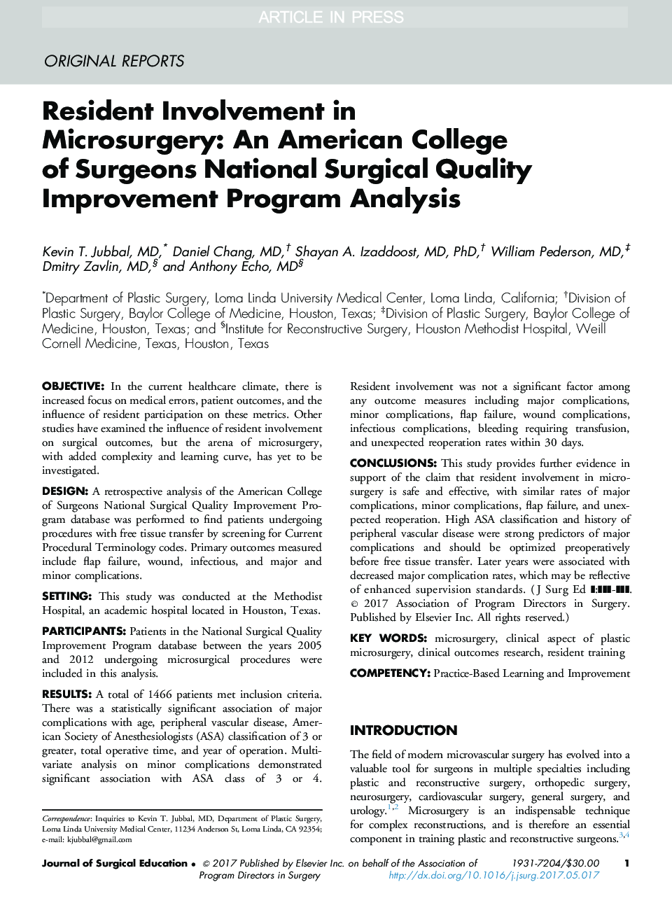 مشارکت ساکنین در میکروسکوپیک: کالج جراحان آمریکایی تجزیه و تحلیل برنامه بهبود کیفیت جراحی ملی 
