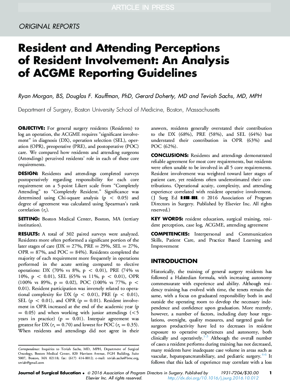 Resident and Attending Perceptions of Resident Involvement: An Analysis of ACGME Reporting Guidelines