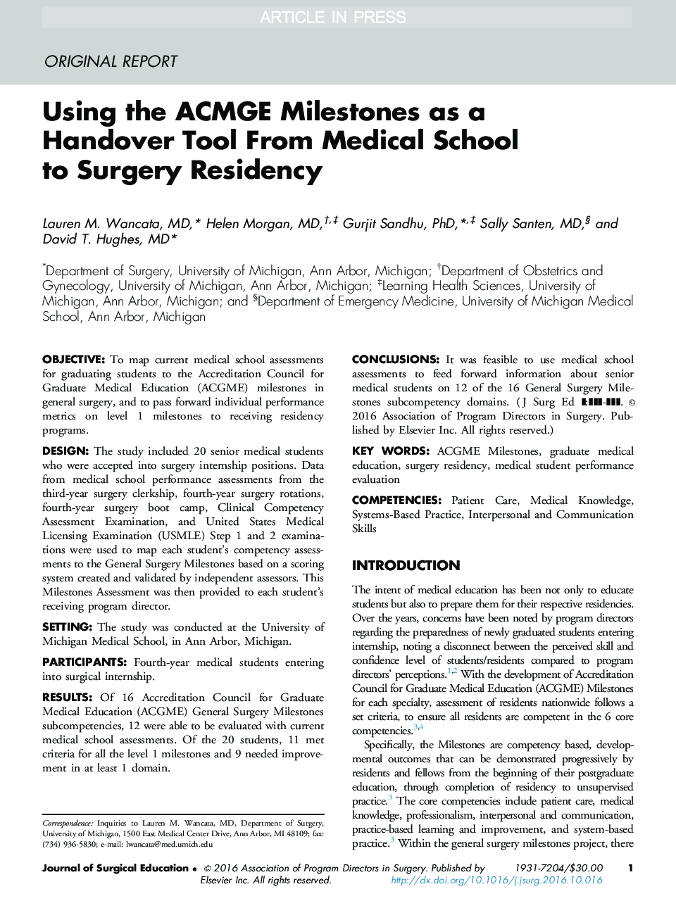 Using the ACMGE Milestones as a Handover Tool From Medical School to Surgery Residency