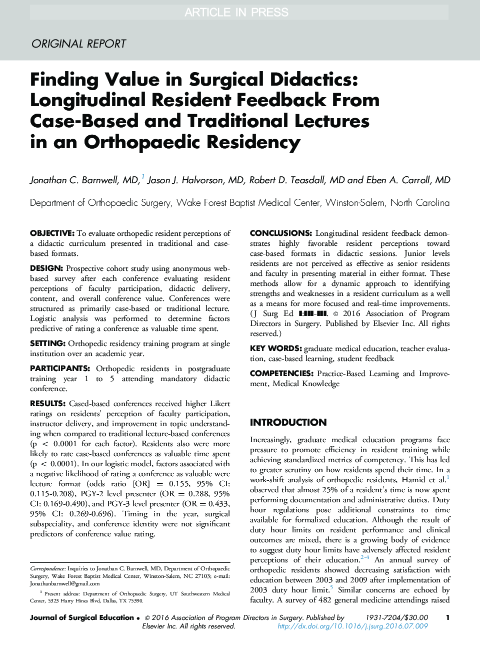 Finding Value in Surgical Didactics: Longitudinal Resident Feedback From Case-Based and Traditional Lectures in an Orthopaedic Residency