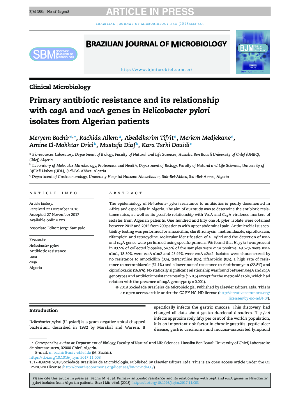 Primary antibiotic resistance and its relationship with cagA and vacA genes in Helicobacter pylori isolates from Algerian patients