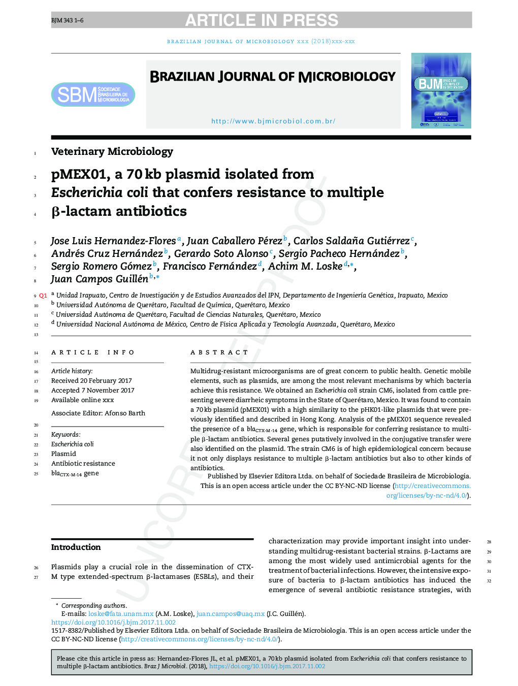pMEX01, a 70Â kb plasmid isolated from Escherichia coli that confers resistance to multiple Î²-lactam antibiotics