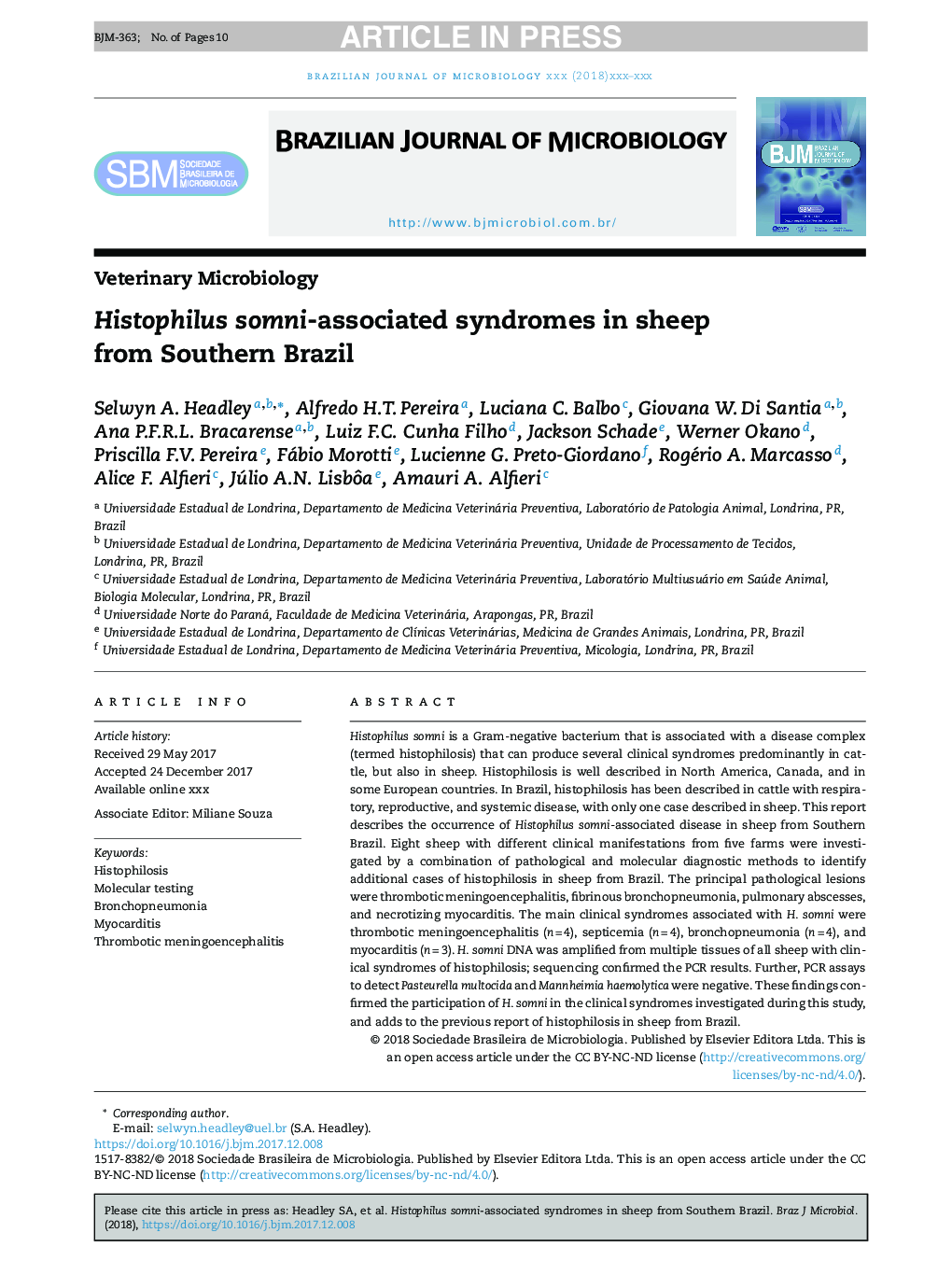 Histophilus somni-associated syndromes in sheep from Southern Brazil