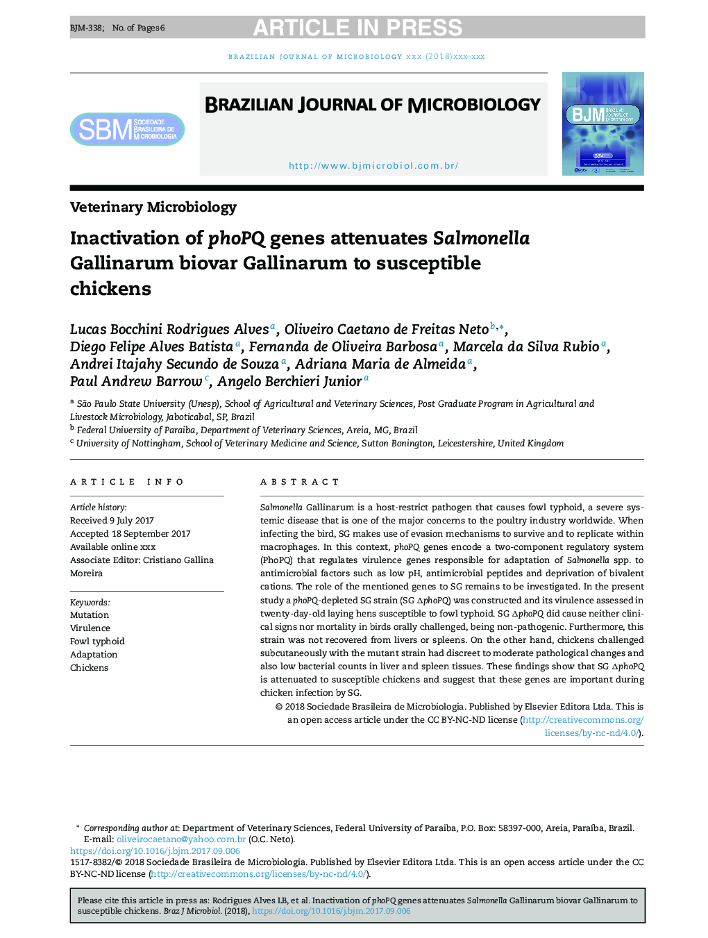 Inactivation of phoPQ genes attenuates Salmonella Gallinarum biovar Gallinarum to susceptible chickens