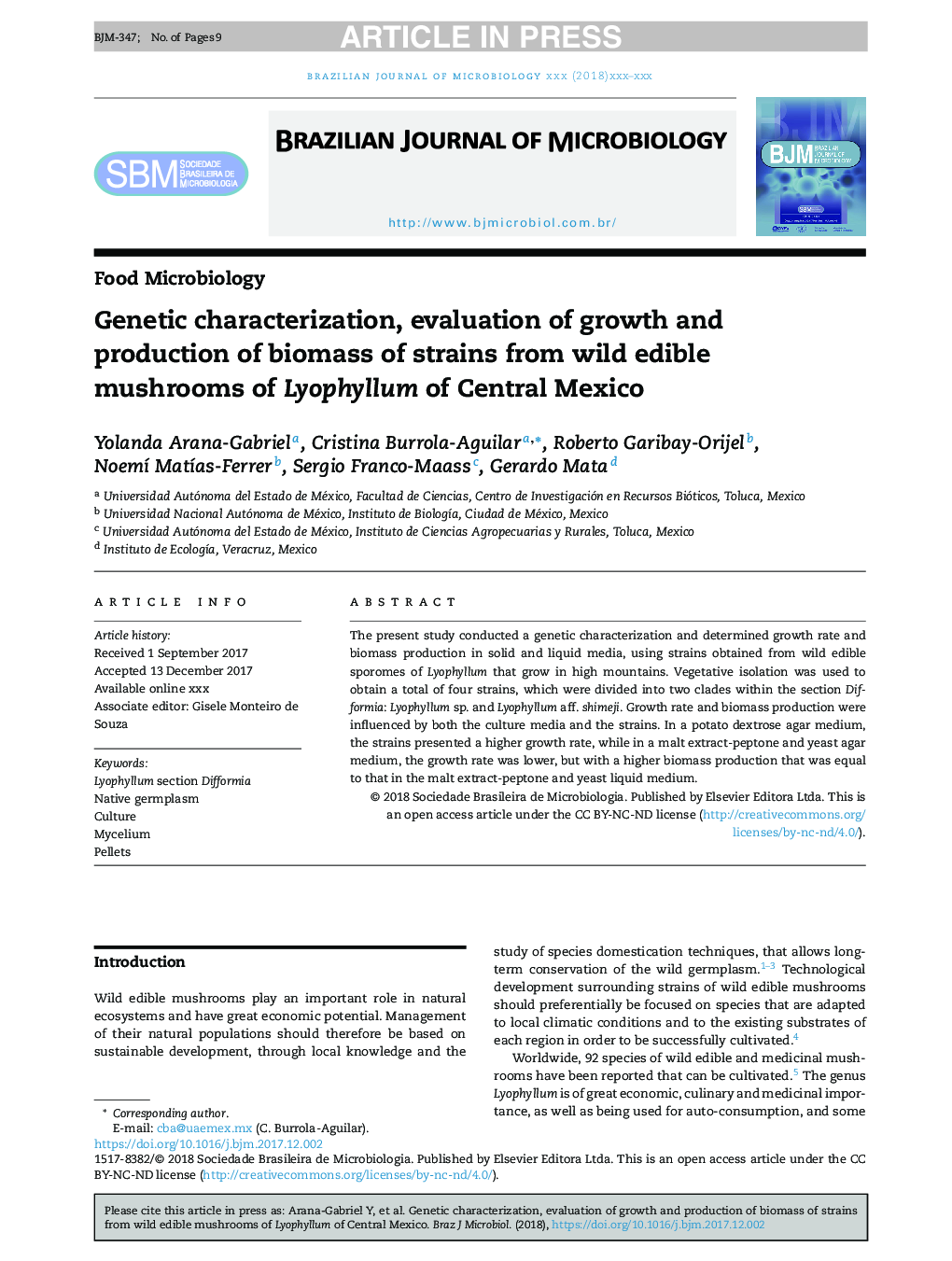 Genetic characterization, evaluation of growth and production of biomass of strains from wild edible mushrooms of Lyophyllum of Central Mexico