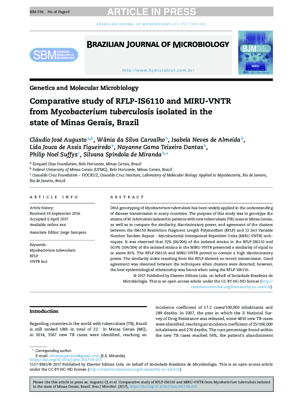 Comparative study of RFLP-IS6110 and MIRU-VNTR from Mycobacterium tuberculosis isolated in the state of Minas Gerais, Brazil